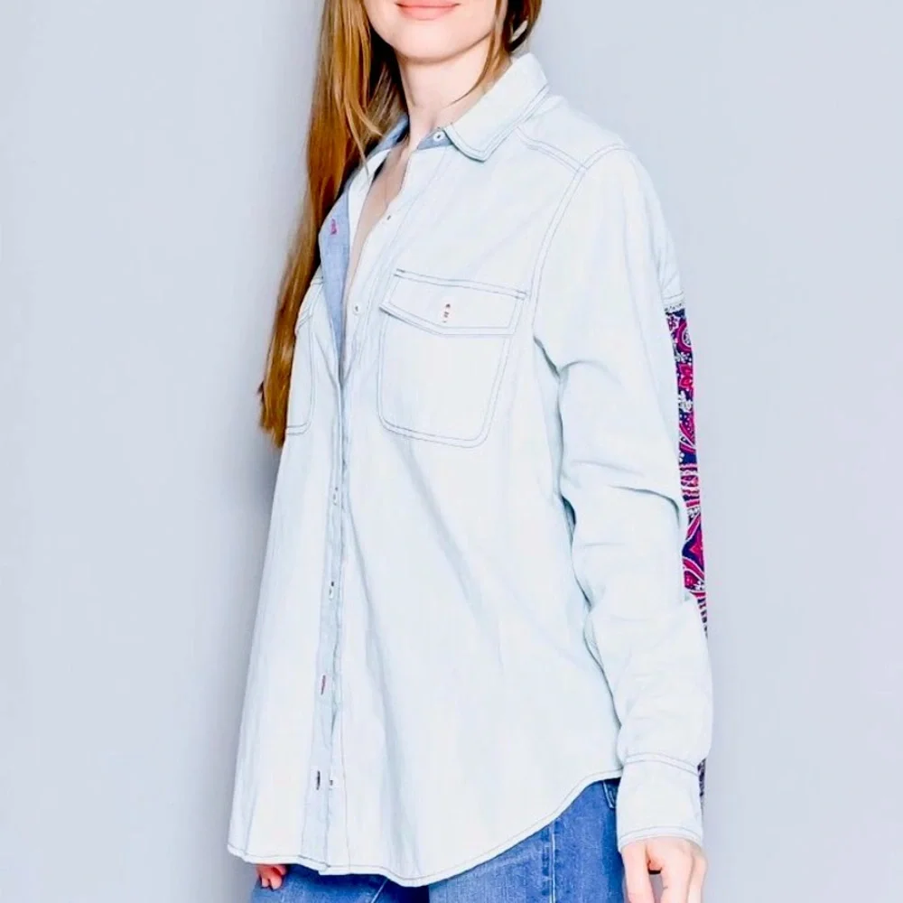 New Free People Bandana Bandit Med Blue Red Paisley Buttondown Embroidered Top - Picture 2 of 5